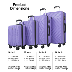 luggage 4-piece ABS lightweight suitcase with rotating wheels, 24 inch and 28 inch with TSA lock, (16/20/24/28) Light Purple