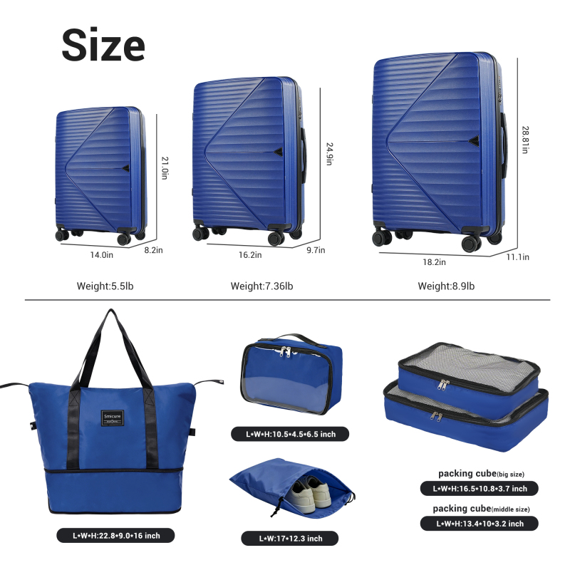 Luggage Sets 3 Piece with Spinner Wheel, Hardside TSA Suitcase Set with Travel Duffle Bag and 4 Packing Cube, Lightweight Travel Luggage for Men and Women, Blue