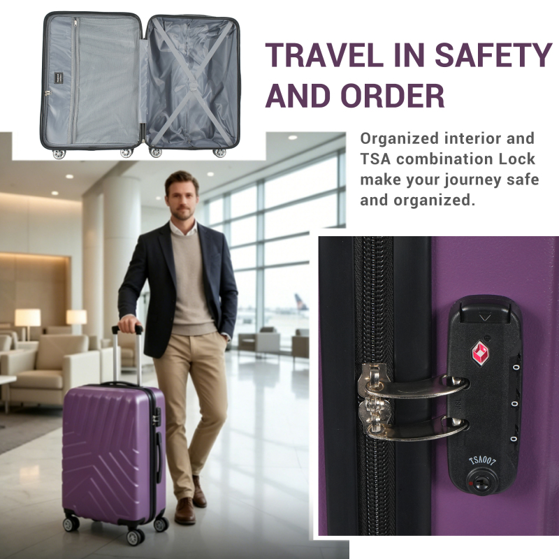 NiceTravel 4-Piece Hardside Luggage Set,Lightweight suitcase with TSA Locks & Double Spinner Wheels, Purple