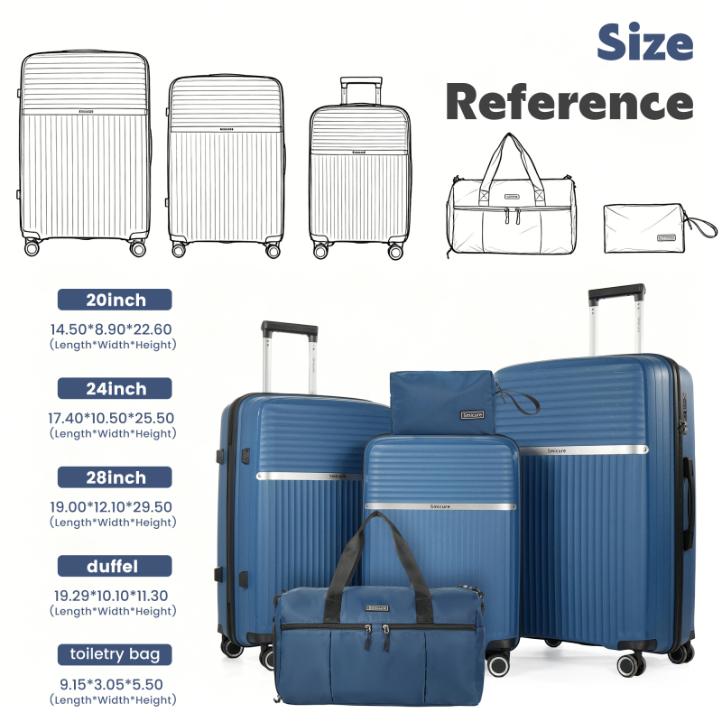 Luggage Sets 5 Piece with Duffel Bag, Hardside Suitcase Set with Spinner Wheel and TSA Lock, Lightweight Travel Luggage for Men and Women, Blue
