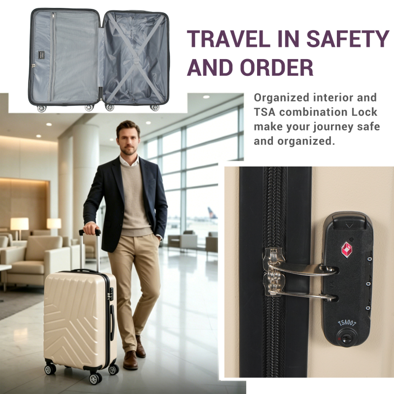 NiceTravel 4-Piece Hardside Luggage Set,Lightweight suitcase with TSA Locks & Double Spinner Wheels, Beige