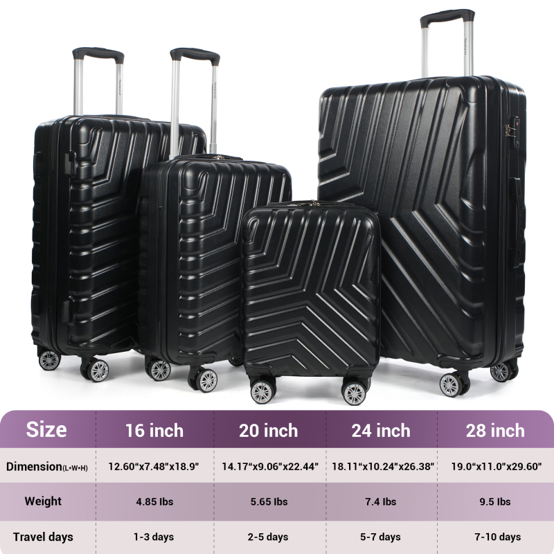 NiceTravel 4-Piece Hardside Luggage Set,Lightweight suitcase with TSA Locks & Double Spinner Wheels, Black