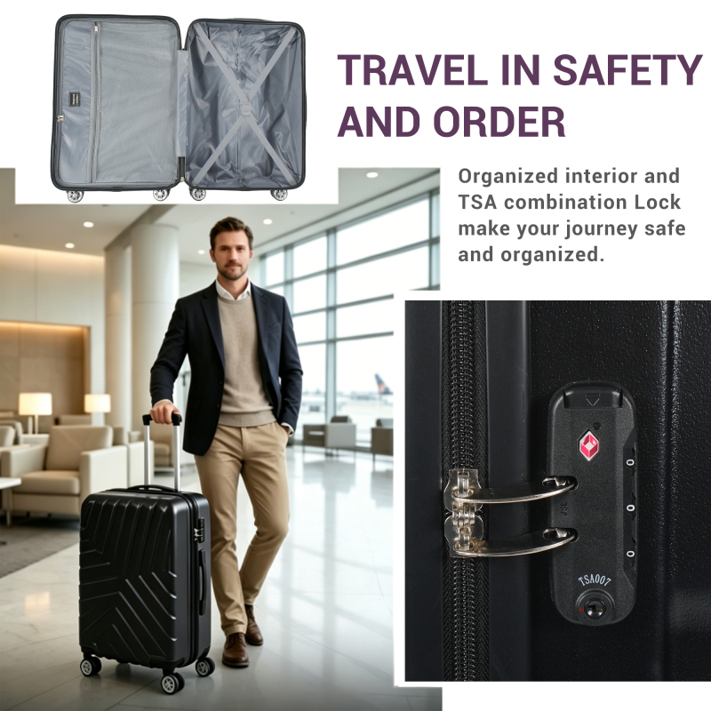 NiceTravel 4-Piece Hardside Luggage Set,Lightweight suitcase with TSA Locks & Double Spinner Wheels, Black