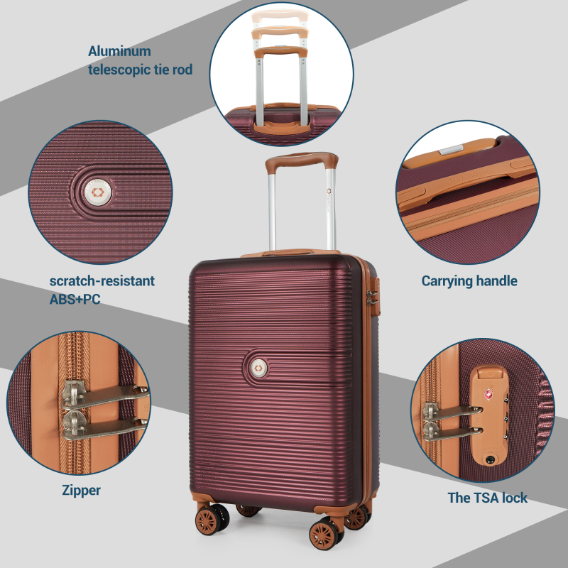 Travelhouse 3-Piece Hardside Spinner Carry on Luggage Set with TSA Lock and Travel Bag, Wine Red