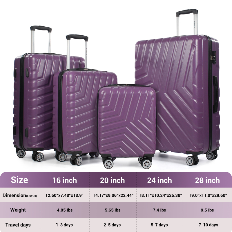 NiceTravel 4-Piece Hardside Luggage Set,Lightweight suitcase with TSA Locks & Double Spinner Wheels, Purple