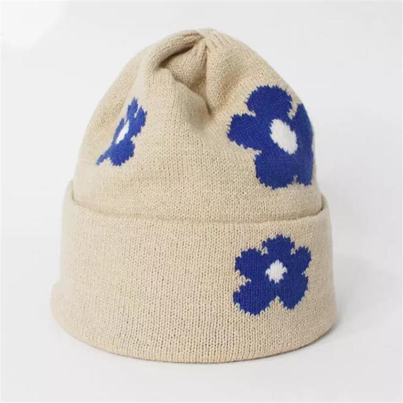 Acrylic Soft Winter Hat Women's Customized Logo Jacquard Flowers Men's and Women's Multicolor Flanging Winter Beanie