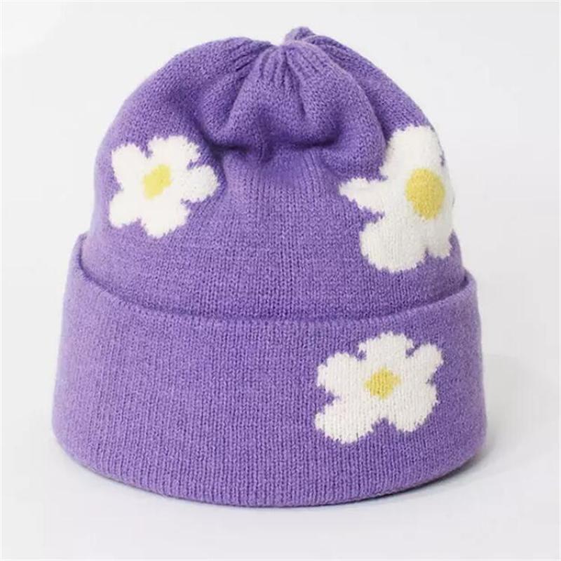 Acrylic Soft Winter Hat Women's Customized Logo Jacquard Flowers Men's and Women's Multicolor Flanging Winter Beanie