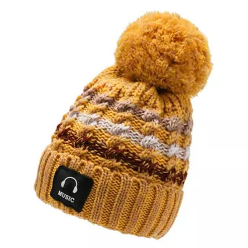 Bicycle ear protection fur ball winter hat thickened pompon wool lining brimless brimless women's music stripe knitted hat
