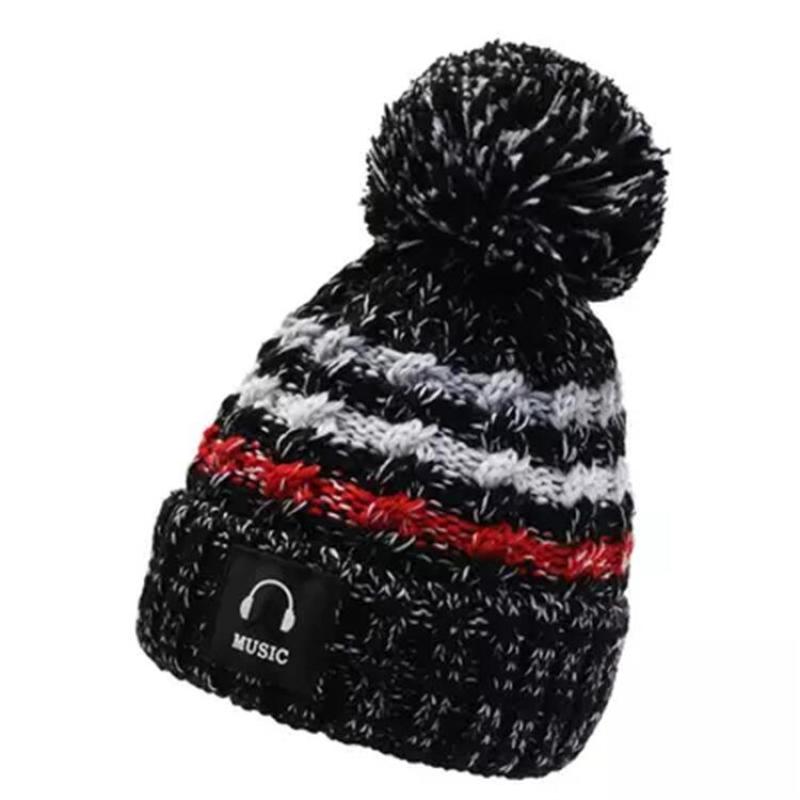 Bicycle ear protection fur ball winter hat thickened pompon wool lining brimless brimless women's music stripe knitted hat