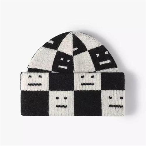 Winter thick knitting hat printed flanging hat Men's and women's Ins robot smiling face double layered beanie urinal cap