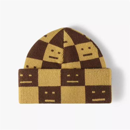 Winter thick knitting hat printed flanging hat Men's and women's Ins robot smiling face double layered beanie urinal cap