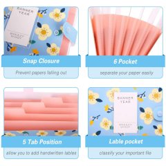 new design File Folder with 6 Pockets,Floral Accordion Folder Document Organizer US Letter Size for School and Office