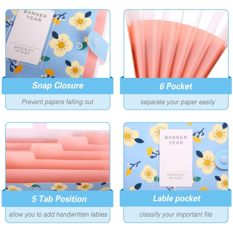 new design File Folder with 6 Pockets,Floral Accordion Folder Document Organizer US Letter Size for School and Office