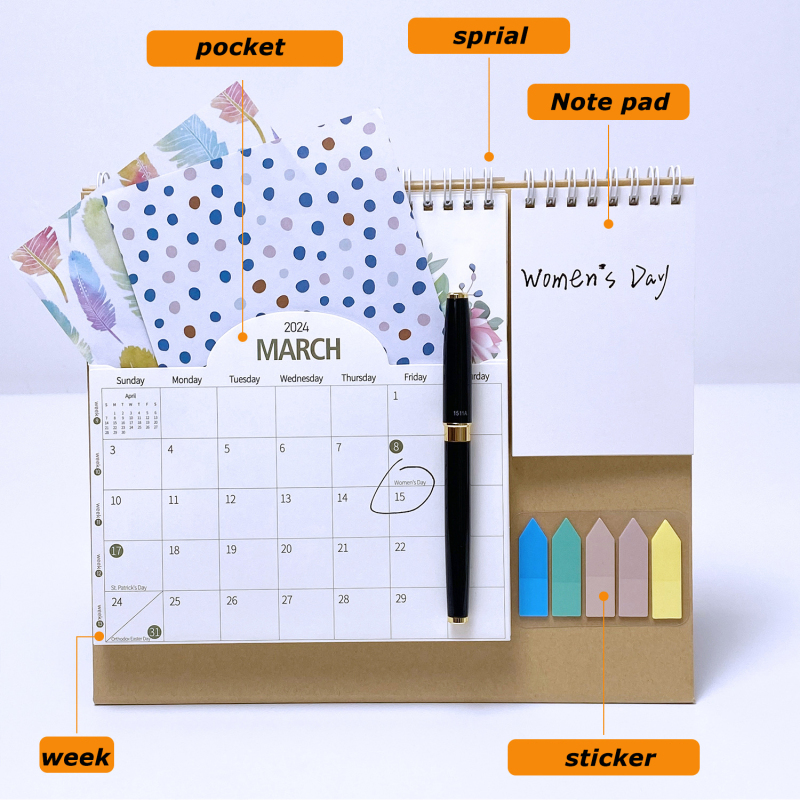 2024 English multi-function coil pocket desk calendar