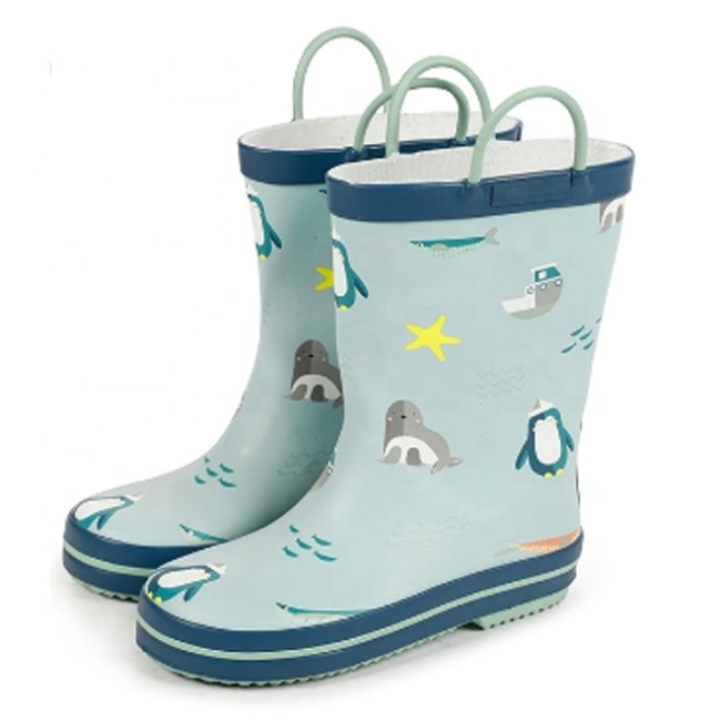 Wholesaler Hot-sale Custom Printed 100% Natural Rubber Girls Rain Boots With Handle