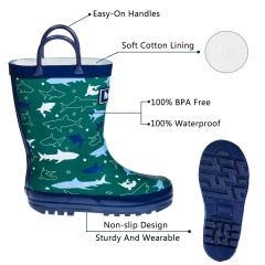 2022 Hot Selling Green Sharks Rubber Rain Boots for Kids