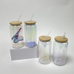 USA Warehouse 16oz Sublimation Iridescent Glass Can With Glass Straw
