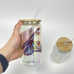 USA Warehouse 16oz Sublimation Iridescent Glass Can With Glass Straw