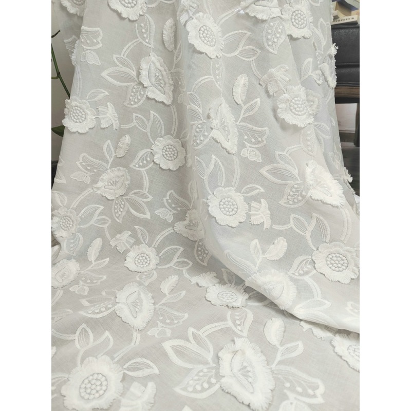 3D voile cotton ground big floral embroidery lace fabric-B15942