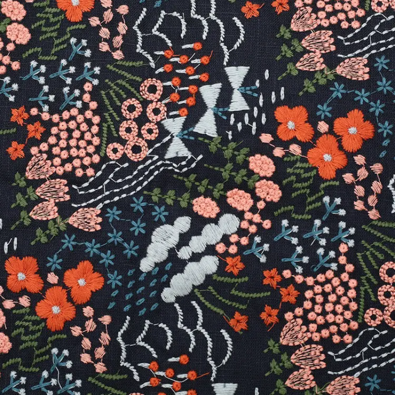 Multicolour full blossom LINEN-COTTON GROUND ,POLYESTER Multicolour EMB THREADS pattern-PASTORALE style embroidery lace fabric-B16369