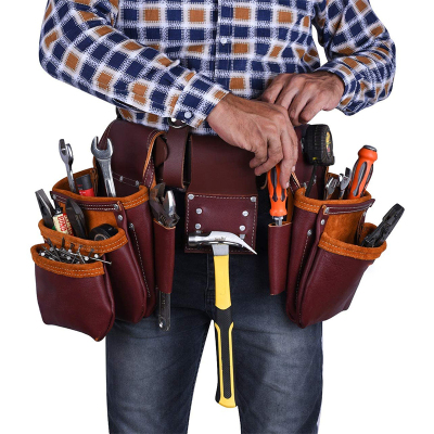 Customized Multifunction Heavy Duty PU Leather Plumbers Waterproof Workforce Waist With Belt Tool Bag