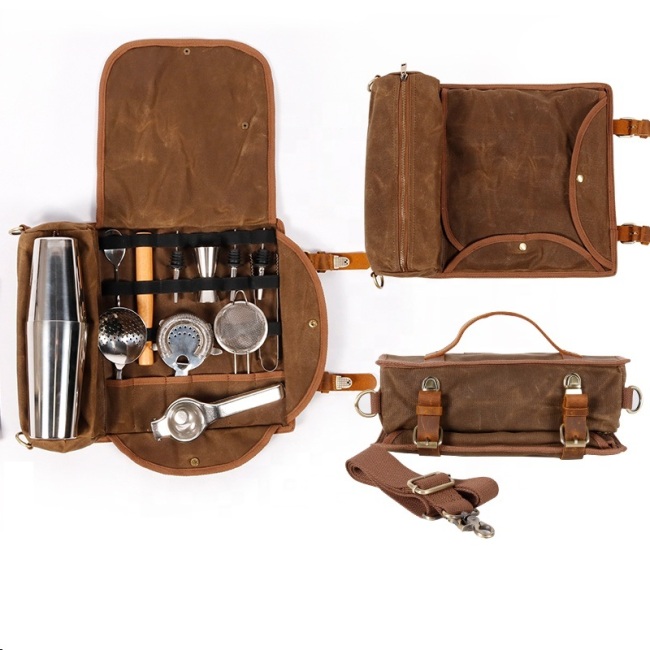 Custom Design 16oz Waxed Canvas Heavy Duty Travel Portable Tool Bartender Kit Bag