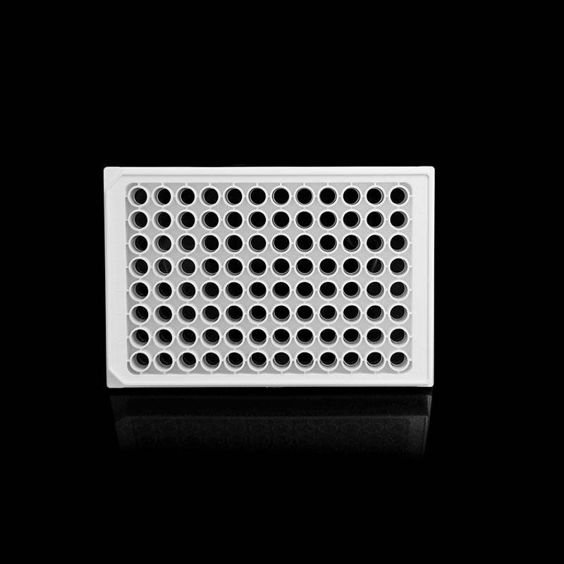 Placa de cultivo celular blanca de 96 pocillos con fondo transparente
