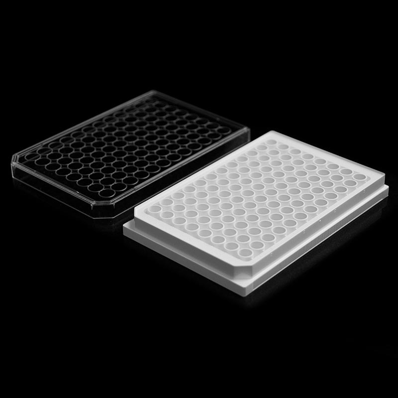 Placa de cultivo celular blanca de 96 pocillos con fondo transparente