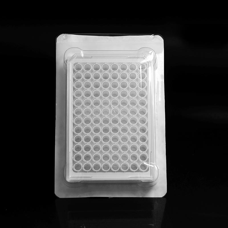 Placa de cultivo celular blanca de 96 pocillos con fondo transparente