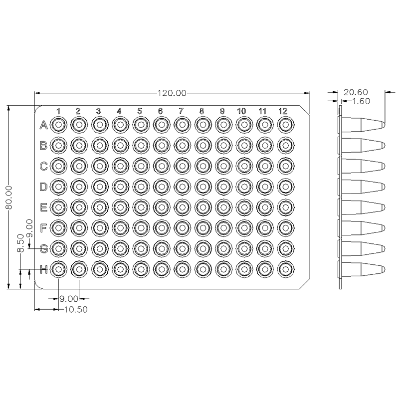 Placa de PCR de 96 ml sin faldón de 0.2 pocillos para laboratorio