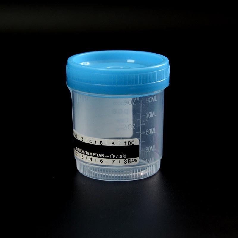 Vasos para muestras de orina de 90 ml con tapón de rosca azul