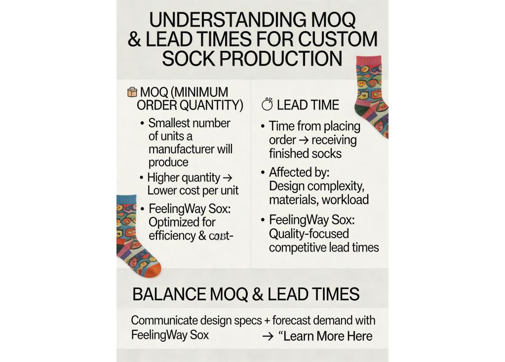 What are the minimum order quantities (MOQ) and lead times for custom sock production?
