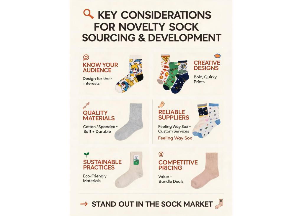 What are the key considerations for sourcing and developing novelty sock products?