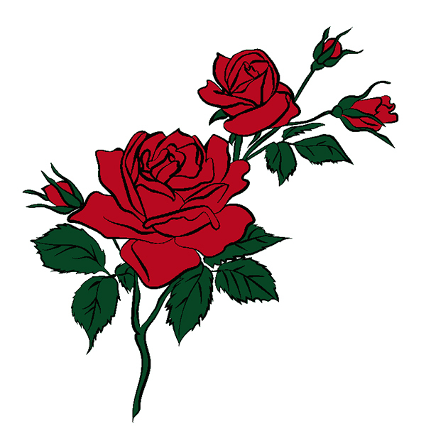 Retro fashion black red roses and green leaves 231129-04