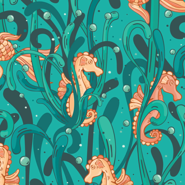Print seahorses and fish hiding in seaweed 240108-12