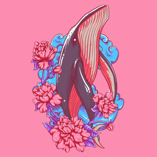 Print flowers around a whale illustration 240109-07