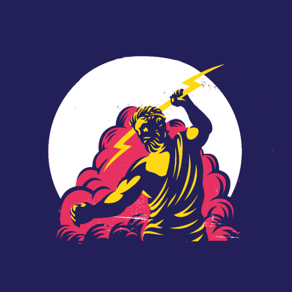 Zeus with lightning in his hand is in the clouds 231222-23