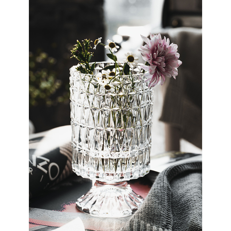 Embossed vintage glass hydroponic flower vase transparent cylinder flower vase candle holder arrangement for weddingcenterpieces