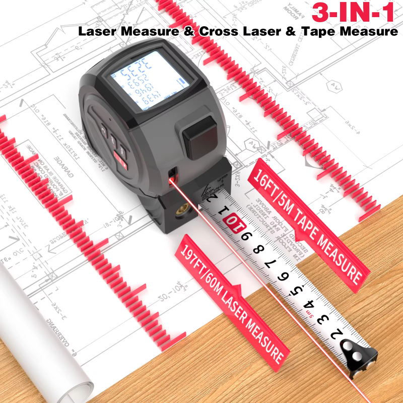 Ananke Tools 3in1 Laser Rangefinder 5m Tape Measure LCD Display Distance Meter Building Area Surveying Equipment 60m