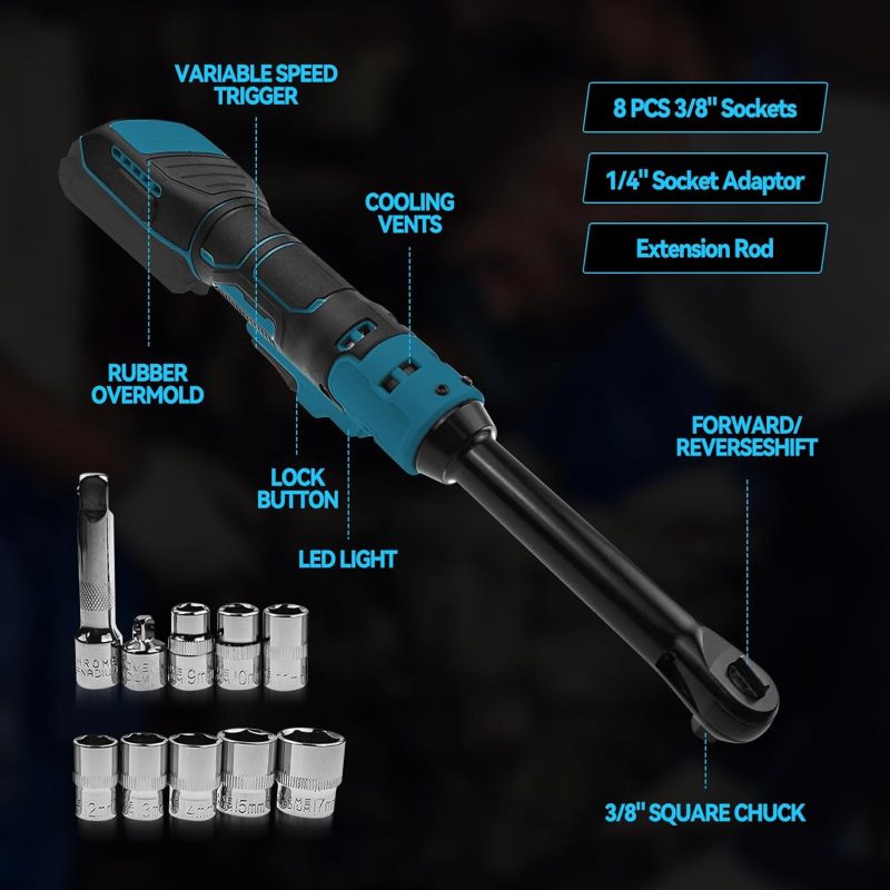 3/8" Extended Cordless Ratchet Wrench with 8 Metric Sleeves