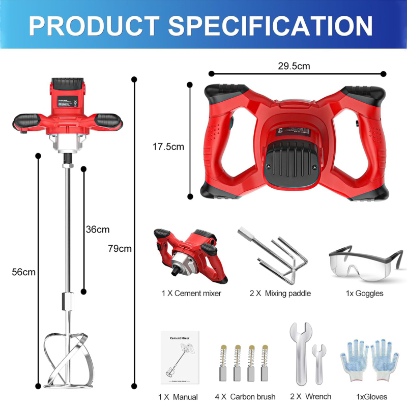 Ananke Tools 1600W Adjustable Speed Handheld Electric Concrete Cement Mixer Mortar Grout Plaster Cement Drill Mixer Stirring