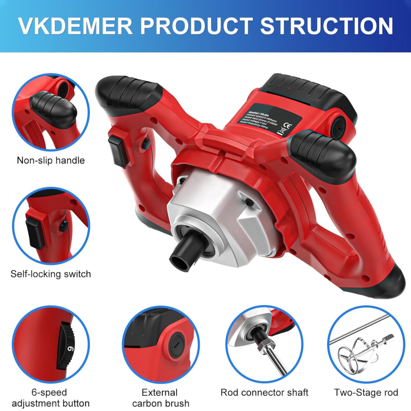 Ananke Tools 1600W Adjustable Speed Handheld Electric Concrete Cement Mixer Mortar Grout Plaster Cement Drill Mixer Stirring