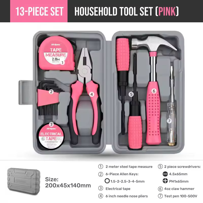 OEM Logo 13pcs Pink Household DIY Tool Set Basic Women Home Small Tool Kit with Portable Tool Case Ladies Starter Tool Kit