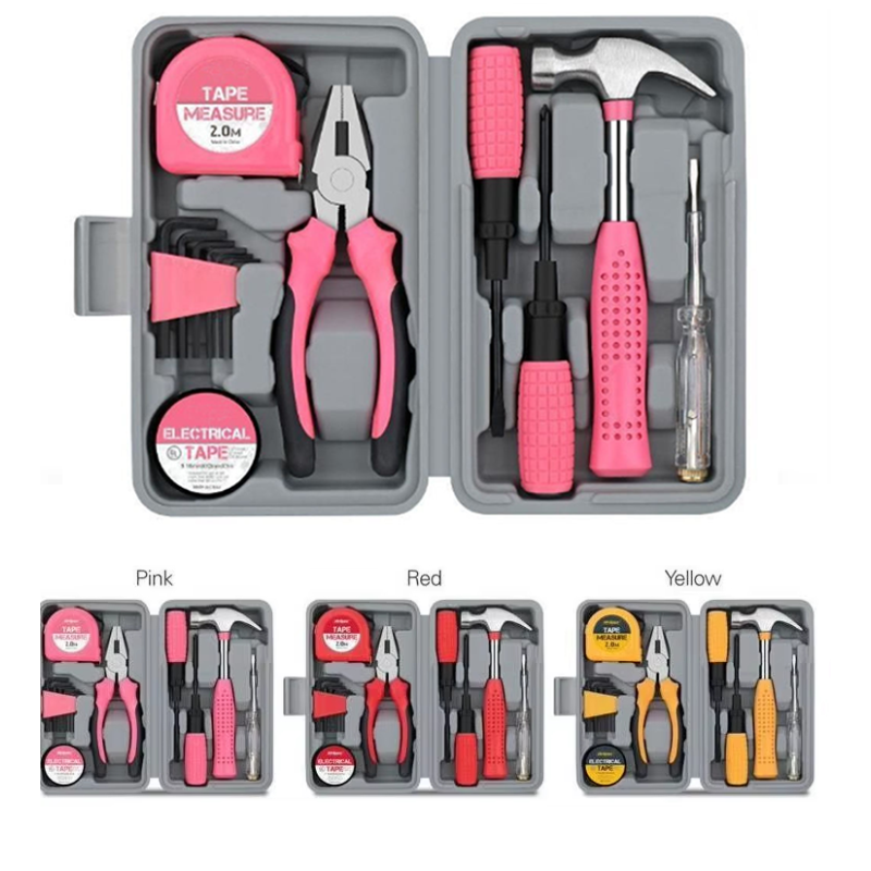 OEM Logo 13pcs Pink Household DIY Tool Set Basic Women Home Small Tool Kit with Portable Tool Case Ladies Starter Tool Kit