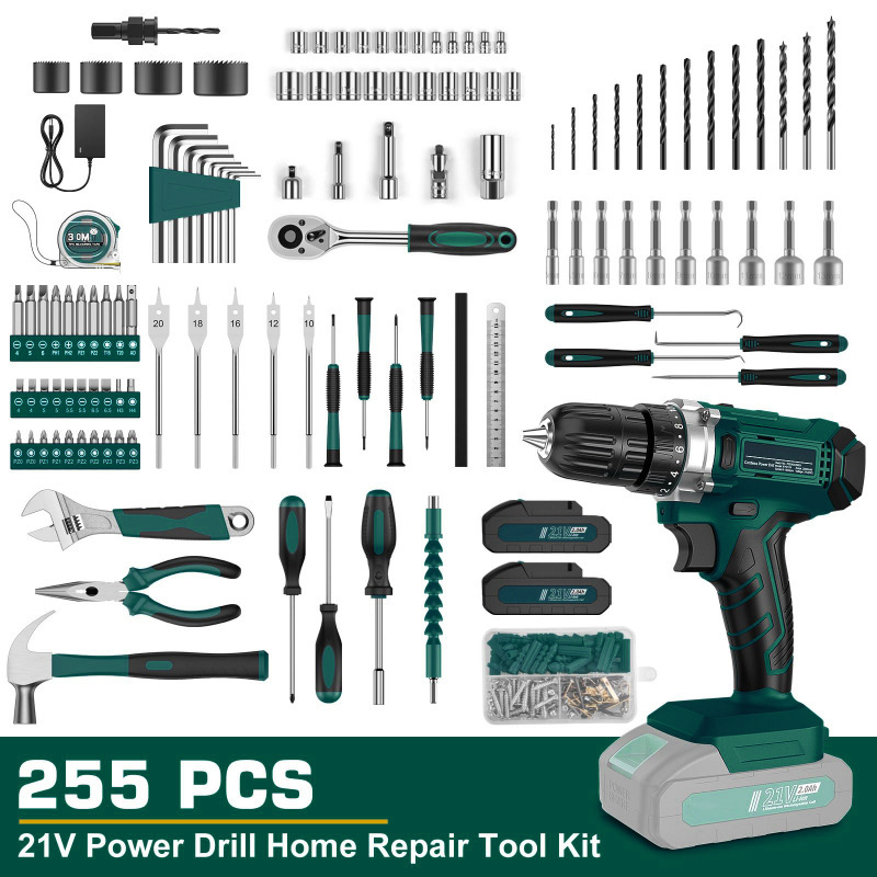 21V Home Repair Cordless Power Drill Tool Kit with 255pcs Electric Accessories OEM Customizable Battery Powered for Electricians
