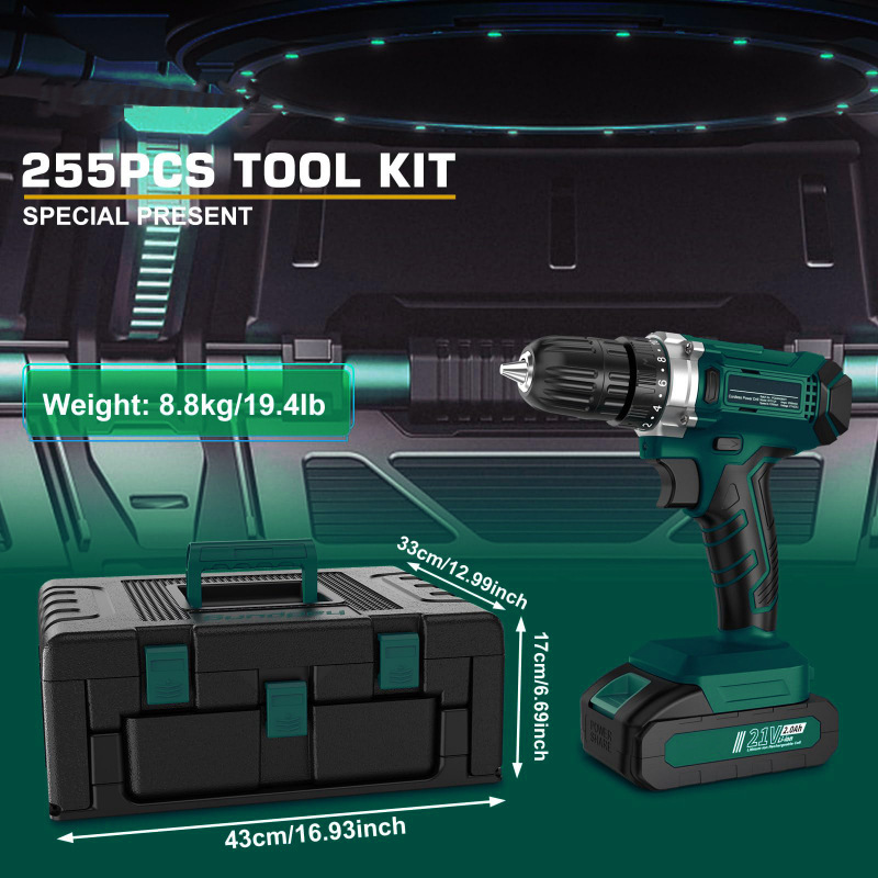 21V Home Repair Cordless Power Drill Tool Kit with 255pcs Electric Accessories OEM Customizable Battery Powered for Electricians