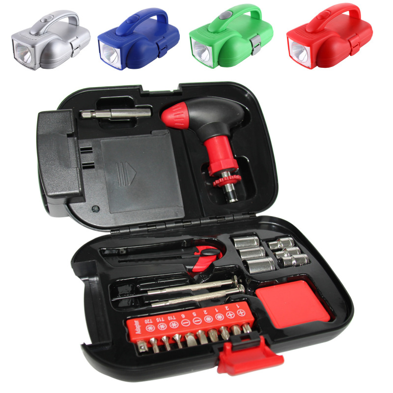 Professional ABS 22-Piece Work Light Flashlight Toolbox Tool Set with Light Tape Measure Bit