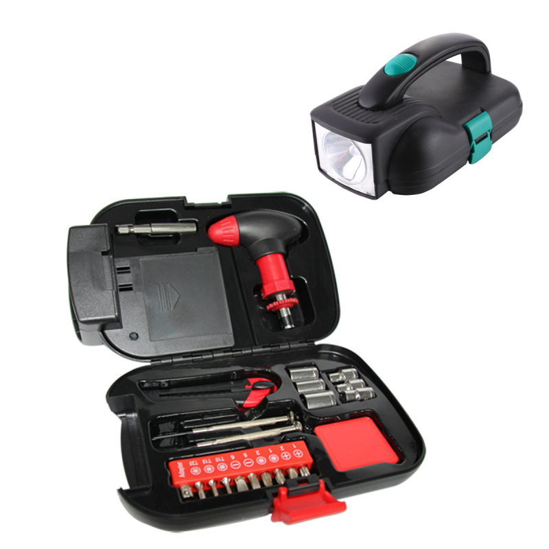Professional ABS 22-Piece Work Light Flashlight Toolbox Tool Set with Light Tape Measure Bit