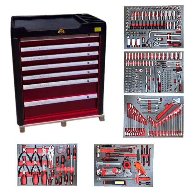 7-Drawer Trolley Box Ball Bearing Slides Locking System Tool Chest Professional Metal Tool Cabinet with 369PCS Hand Tools