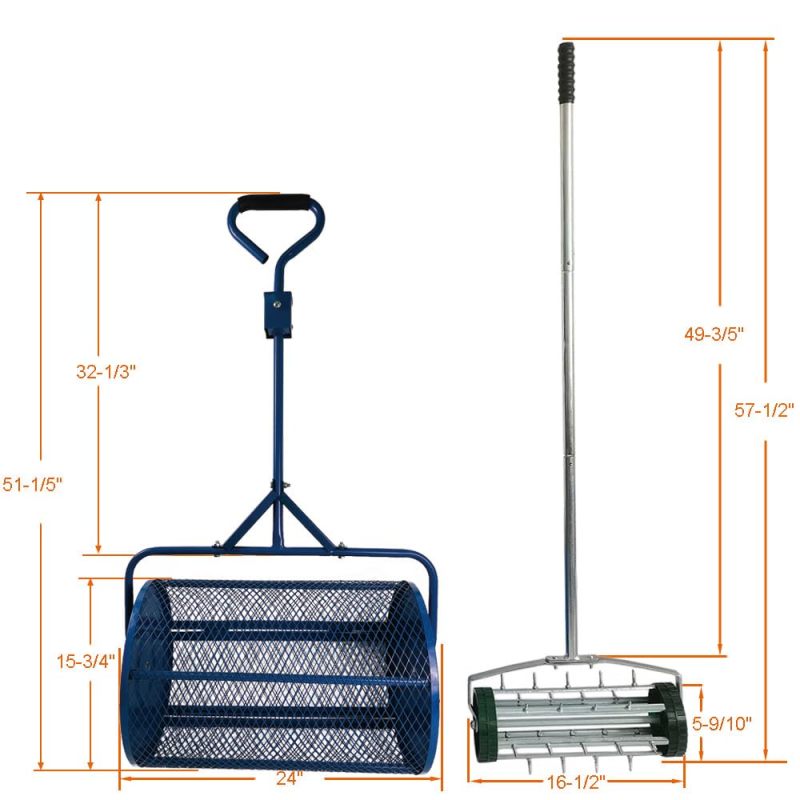 24 Inch Compost Spreader Metal Mesh Basket for Grass Seed Lawns Manure Fertilizer & 16.5 Inch Lawn Aerator Tool